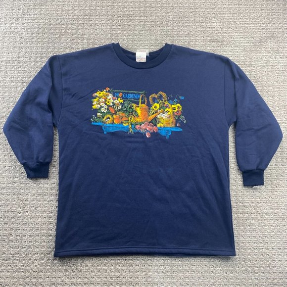 Coastal Grandma Vintage 80s Sweater Women Sz 40 Navy Blue I Love Gardening - Picture 1 of 7